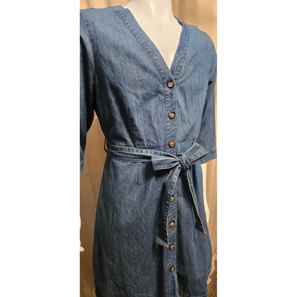 Papaya Denim Blue Button Front Belted V-Neck Dress Size 16 100% Cotton L337SZ - Picture 4 of 9
